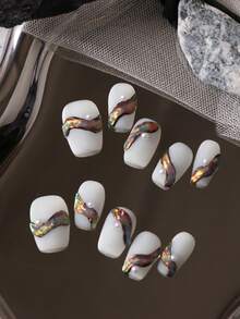 10pcs Press On Nails Nails Press On Nail Supplies White Nails Green Gradient Line Short Nails Fake Nails Artificial Nails Kit Includes 1sheet Adhesive Tabs &1 Pc Mini File - Multicolor - View 2