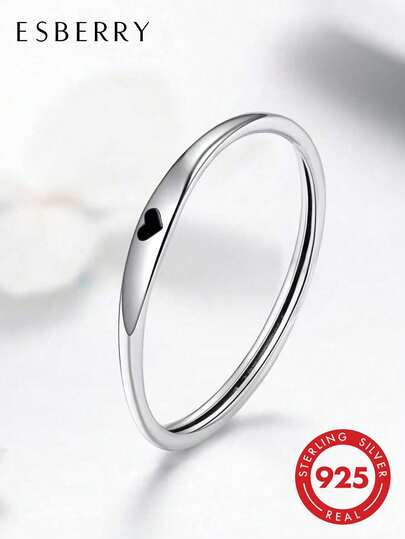 ESBERRY 1 stuk zwarte minimalistische hartring, S925 sterling zilveren platinakleurige sieraden, verfijnd cadeau voor dagelijks gebruik