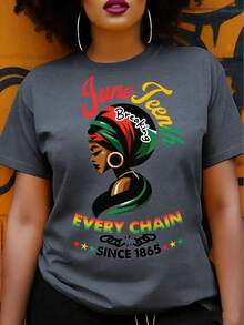 Women's Juneteenth Graphic T-Shirt - "Break Every Chain Since 1865" Design, Vibrant Geometric Print Short Sleeve Top, 100% Cotton Regular Fit For - 灰色 - 查看 1
