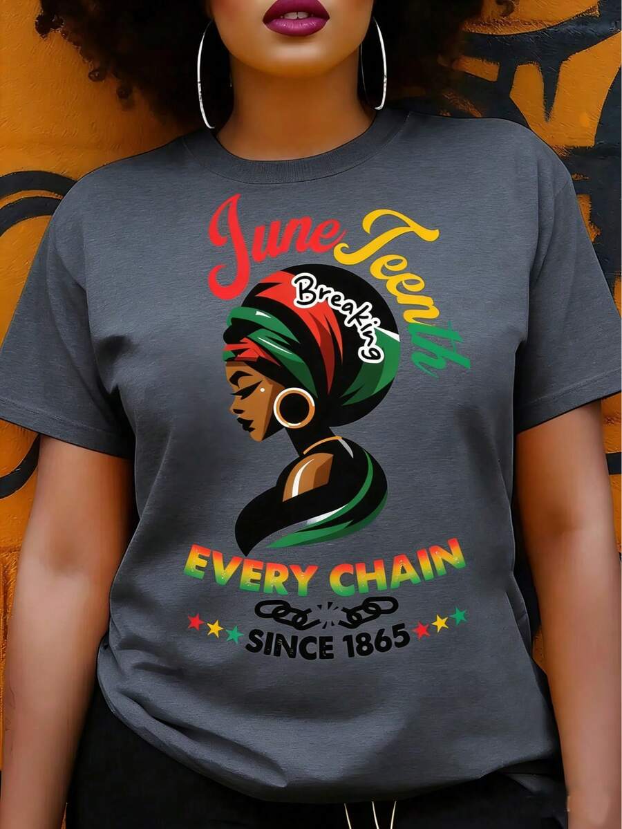 Women's Juneteenth Graphic T-Shirt - "Break Every Chain Since 1865" Design, Vibrant Geometric Print Short Sleeve Top, 100% Cotton Regular Fit For - 灰色 - 查看 1