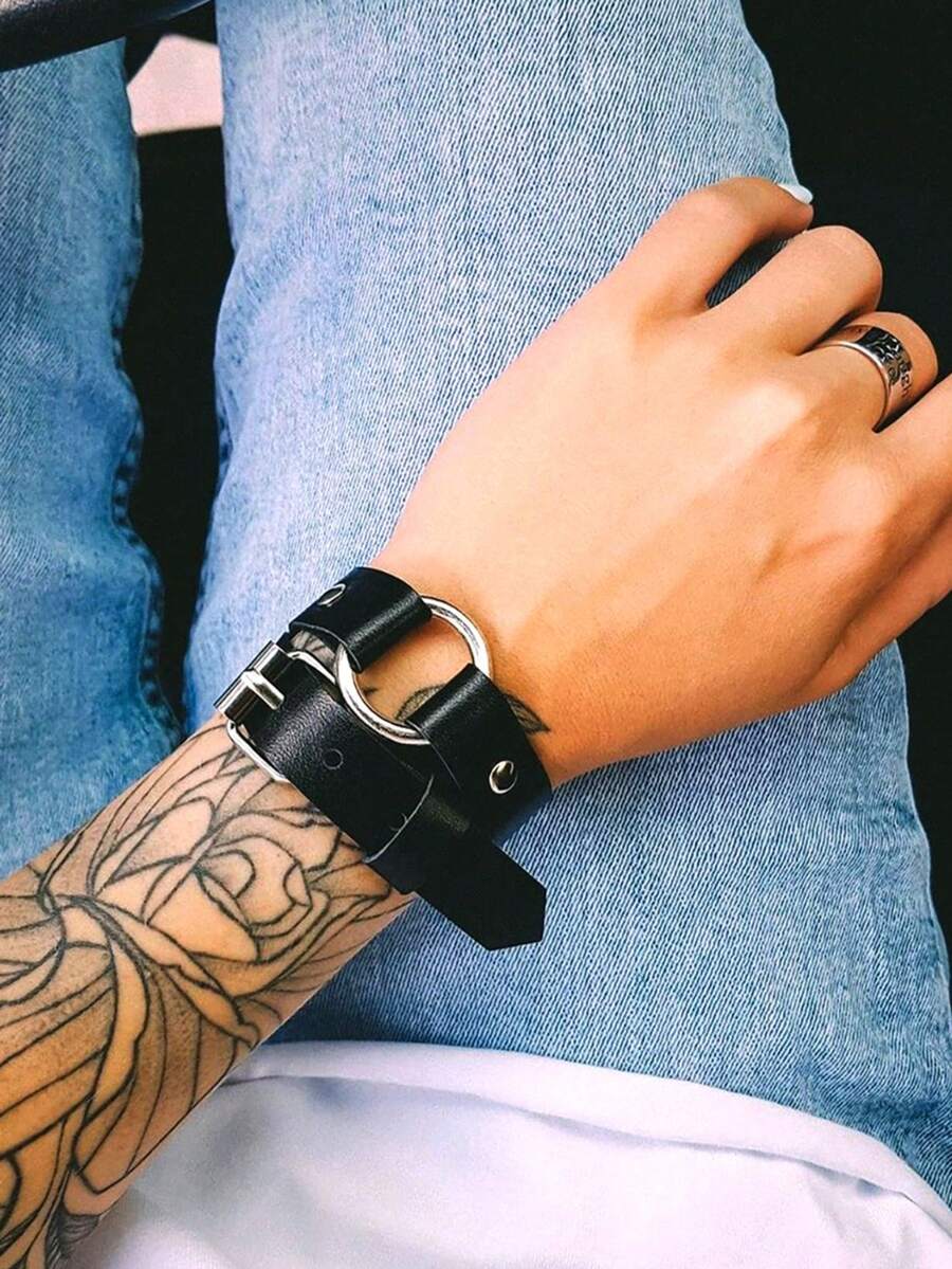 Conjunto de brazaletes góticos punk, brazalete de piel de PU ajustable con tachuelas y multi-anillos, joyería de mano audaz para accesorios de atuendo diario - Negro - Ver 1
