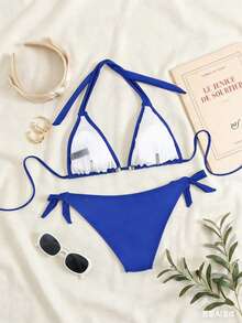 2pcs Women's Ocean Themed Decorative Sexy Casual Bikini Set, Spaghetti Strap Solid Color Swimwear Suitable For Beach And Swimming Pool Vacation Summer - Blue - View 5