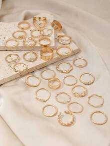 30pcs Luxury Wave Pattern Geometrically Shaped Ring With Inlaid Diamond, Suitable For Women's Daily Wear - 黃金2 - 查看 3