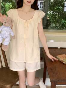 2pcs Spring/Summer New Square Neck Camisole & Shorts Pajama Set, Casual Solid Color Comfortable Sleepwear, Loungewear | Cute Pajama Set | Easy Care Fabric - Champagne - View 11