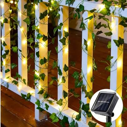 10M Solar Powered Ivy Lights | 100 LED Beads, Realistic Leaves, 8 Flashing Modes, Warm White & White, Solar Powered Outdoor Maple Leaf & Green Vine Fairy Lights, Artificial Green Plant Lights, Ivy Lights, 8 Lighting Modes, Holiday Decor Lights, Suitable For St. Patrick's Day, Valentine's Day, Balcony, Yard, Garden, Fence, Button Control, Non-Detachable Photovoltaic Module