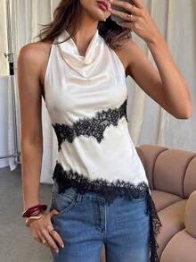 Women's Elegant Pleated Collar Backless Top, Featuring Delicate Black Lace Inset, Asymmetric Hemline With Lace Trim, Fitted Silhouette Suitable For Romantic Dates, Beach Vacations, Summer Travels, Seaside Dinners, And Festive Occasions - Apricot - View 1