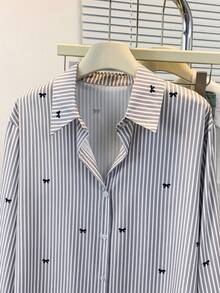 Women's Bow Tie Striped Print Long Sleeve Shirt, Button Front, Shirt Collar, Casual Top, Suitable For Spring, Autumn And Winter - Grey - View 5