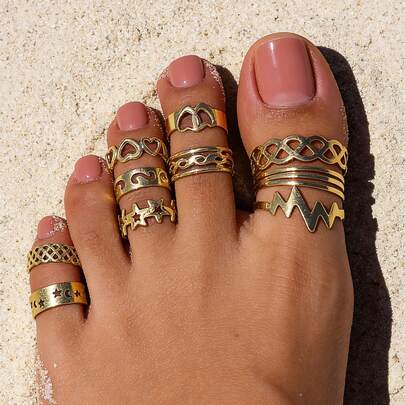 Bộ 10 chiếc nhẫn đeo ngón chân có thể điều chỉnh kích thước, bao gồm hình rắn, sao, trăng, trái tim và các hình dạng khác, thích hợp làm nhẫn đeo chân cho nữ, phụ kiện trang sức mùa hè đi biển.