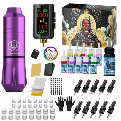  Poseidon Tattoo Kit Wireless Tattoo Pen Kit With 2pcs Batteries Tattoo Gun Kit With 10 Pcs Tattoo Cartridge Needle 11pcs Inks Complete Tattoo Supplies For Beginner
