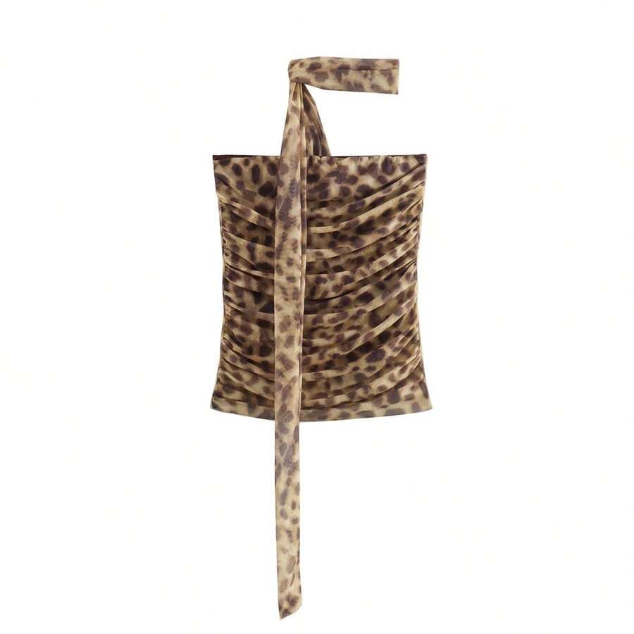 Dravelle Summer Fashion Leopard Stripe Top With Ruffle Details, Vintage Casual Leopard Print Asymmetric Ruffle Hem Sexy Backless Camisole - Chocolate Brown - View 1