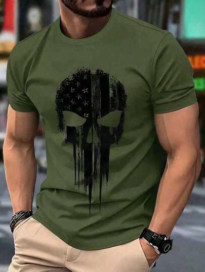 Camiseta casual de cuello redondo para hombre, hecha de tela de punto de poliéster con un ligero estiramiento, ajuste regular, decorada con estampado 3D de calavera y rayas patrióticas en los hombros, una camiseta gráfica novedosa.