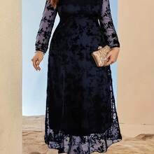 Plus Size, Elegant Plus Size Printed Long Sleeve Dress With Flocked Mesh Hem - Flared Umbrella Skirt, Bodycon Top And Bell-Shaped Bottom For All Seasons - 黑色 - 查看 2