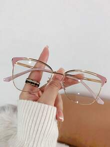 1 par de gafas de mujer con marco de metal y lentes transparentes, con forma de ojo de gato, diseño versátil, accesorio de gafas transparentes - oro negro - Ver 13