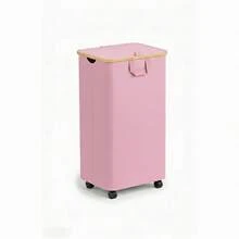 Laundry Hamper With Wheels And Lid, 100L Rolling Clothes Basket With 4 Wheels 2 Locking, Bamboo Handle & Frame Always Upright, Collapsible For Bedroom Bathroom Dorm RV Camping, Pink - 粉色 - 查看 8