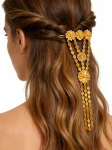 1pc Vintage Luxury Floral Tassel Hair Accessory, Suitable For Women's Party, Banquet And Performance Wear - Gold - View 11