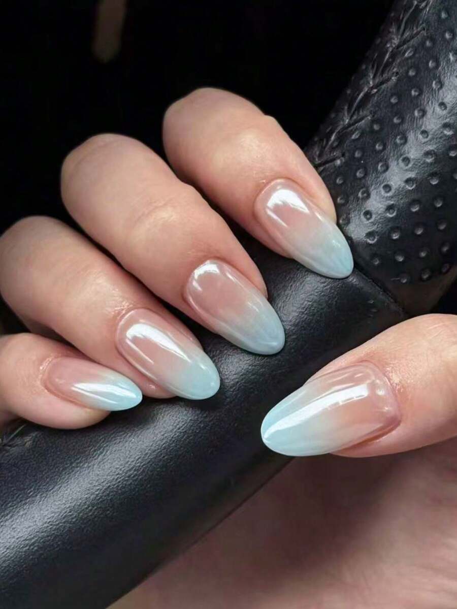 10pcs Handmade Almond Shaped Nail Stickers, Nude To Powder Blue Tie Dye Gradient Decorated Nails, Soft And Fresh Style, Suitable For Daily Wear, Comes With Nail Tools, Applicable For Women And Girls - Baby Blue - View 1