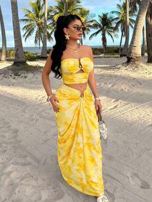Sultry Sol Amarilo Women's Colorful Print & Solid 2-Piece Set - Strapless Fitted Metal Buckle Top And Ruched Waist Skirt, Vacation/Beach Casual, Spring/Summer - Yellow - View 6