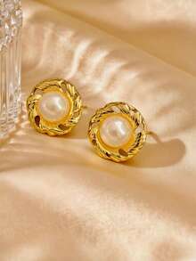 1 Pair Vintage Stainless Steel Pearl Charm Earrings For Women, Geometric Round Pearl Studs With Unique Texture - Large Style Pearl Studs - Eye-Catching Spiral Twisted Earrings - Fashion Accessories Suitable For Parties, Vacation Season And Special Occasions - Birthday Gift - Multicolor - View 4