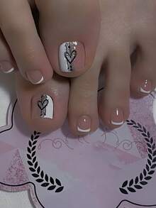 Instantly Upgrade Your Look With 24pcs Short Square False Toenails Soft White French Manicure With Black Heart Shaped Toenails And Elegant Nude Toenails Full Coverage Fake Nail Tips For Women And Girls Includes 1 Sheet Adhesive Tabs & 1 Pc Mini File Strip Jelly Gel Random Shipment - White - View 8