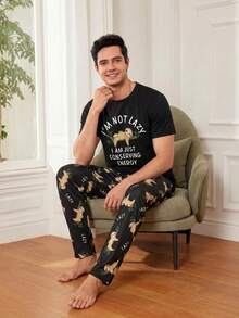 Men's Sloth Cartoon Print Pajama Set, Short Sleeve Top And Long Pants, Casual Homewear 2-Piece Set With Funny Letter Pattern - Black - View 4