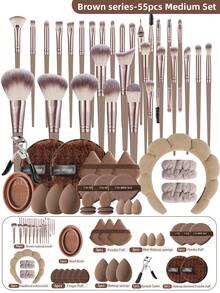 25/50pcs Makeup Brush Set, Includes Eye Shadow Brush, Eyebrow Brush, Foundation Brush, Powder Brush, Blush Brush, Concealer Brush And Highlighter Brush, Made Of Ultra-Soft Synthetic Fibers, Suitable For Daily Facial Makeup,Giveaways,Professional Makeup Brushes,Complete Makeup Set - Coffee Brown - View 19