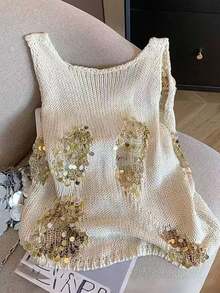 Áo dệt kim cổ chữ V màu be đính sequin, áo vest không tay thêu họa tiết. - Màu be - Xem 5