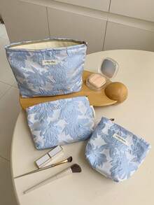 1 PC/Set Blue Floral Jacquard Embroidery Women Girl Makeup Pouch Make Up Bag Portable Large Capacity Cosmetic Bag With Zipper,For Travel And Vacation Essentials,For Sanitary Napkins,Keys,Hair Accessories,Charger,Lipsticks,Cosmetics,Perfume,Makeup Brush Holder Organizer Storage Bag,For Skin Care And Beauty Products,For Women,Students,School Girls,For Birthday Gifts,Friends Gift,Holiday Gift - Màu xanh bụi bặm - Xem 2