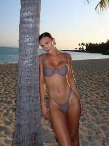 Women's Solid Color 2 Piece Bikini Set Ruched Bra Top With Elastic Thong Swimwear Bathing Suit Perfect For Summer Beach, Holiday, Party & Clubwear - 摩卡棕 - 查看 5