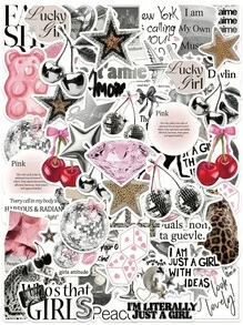 50张Y2K美学贴纸，包括都市女孩贴纸、Y2K风格黑白贴纸、都市贴纸、豹纹贴纸、艺术贴纸、卡通贴纸、涂鸦贴纸、乙烯基贴纸，适用于水瓶、保温杯、吉他、行李箱、手机、手机壳、笔记本电脑、滑板，是绝佳的礼品。 - 多色A - 查看 1