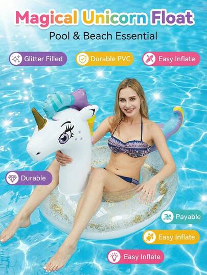 Phao bơi hình kỳ lân huyền ảo | Đồ chơi hồ bơi lấp lánh dành cho người lớn, phao bơi bằng PVC bền chắc, chống rò rỉ, hoàn hảo cho tiệc bể bơi và kỳ nghỉ biển.