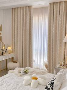 1pc Double-Layer Blackout Curtain With 3D Pom Pom Decor, Beige Linen-Look High-End Designer Curtain For Villa, Balcony, Living Room, Bedroom - Beige - View 10