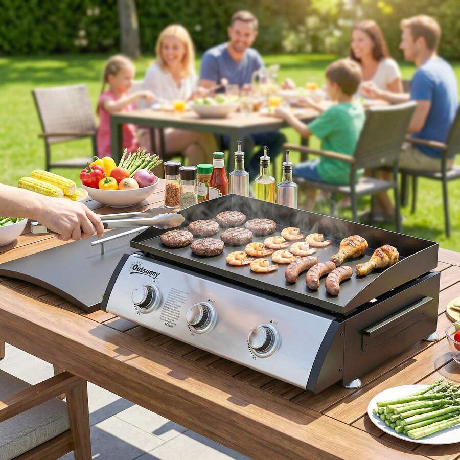 Outsunny Propane Gas Grill With 3 Main Burners, 8530 BTU Outdoor BBQ Grill Cart With Non-Stick Griddle And Lid For Camping Picnic Garden Party Festival, Black - A - Xem 1