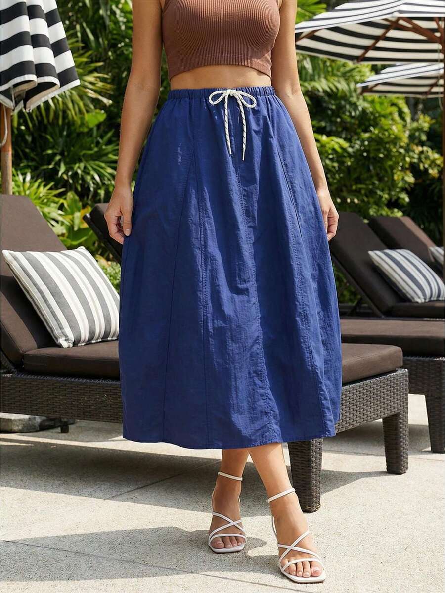 Falda midi cargo para mujer, estilo casual y moderno, color liso, cómoda, con cordón ajustable. - Azul - Ver 1