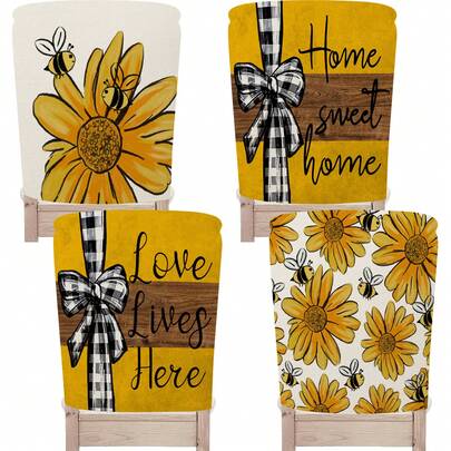 1pc/4pcs Spring New Polyester Chair Cover, Yellow Flower & Bee Pattern Chair Back Protector Slipcover, Washable For Home, Dining Room, Living Room, Kitchen Decor