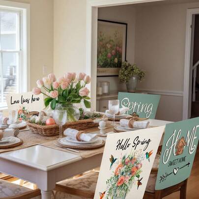 1 pieza/4 piezas Funda protectora para respaldo de silla con estampado de camión floral y pájaro, nueva funda de silla de primavera de poliéster lavable para decoración del hogar, comedor, sala de estar, cocina