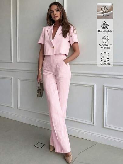 Conjunto de 2 piezas de diseño elegante, casual y sexy de lino de unicolor, transpirable, adecuado para la oficina, uso diario, citas, calle, aeropuerto, vacaciones, color rosa para verano