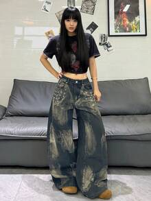 1件美式街頭風女款多眼手繪圖案寬腿牛仔褲，寬鬆舒適四季皆宜牛仔長褲（不含腰帶/配件） - 藍色 - 查看 3