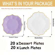 40pcs Lavender With White Disposable Paper Plates, 7-Inch Dessert Plates (20pcs) And 9-Inch Lunch Plates (20pcs) With Gold Rim, Suitable For Birthday, Bridal Shower, Wedding, Easter And Summer Party, Paper Plates With Scalloped Edges - Purple and White - View 9