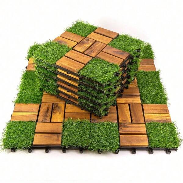 10 Pack Interlocking Acacia Wood And Artificial Grass Deck Tiles, 12"X12", 0.94" Thick, Outdoor Patio Flooring For Garden, Balcony, Entryway, Landscape Edging
