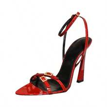 Sandalias de tacón altísimo para mujer, con punta cuadrada, tacón con letras metálicas y tiras cruzadas, estilo romano y punta abierta - Rojo - Ver 6
