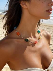1pc Asymmetrical Silver Faux Stone Necklace - Minimalist Fashion Accessory - Elegant For Daily Wear, Dates, Vacation, Beach, Festivals - Multicolor - View 6
