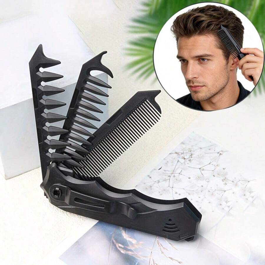1pc Folding Comb, Men's Design Folding Comb With 3-In-1 Functions, Foldable Hair Brush With Fine And Wide Teeth For Detangling, Scalp Care And Beard Trimming, Ergonomic Handle, Suitable For Daily Styling And Travel