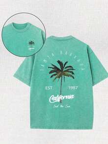 Nueva camiseta de moda para chicas de primavera y verano. Camiseta de algodón estilo retro de California para hombre - Diseño de cocotero "Est.1989", mangas cortas, cuello redondo, ropa casual de verano, lavable a máquina, ropa casual de verano. | Camiseta TiedyeT con diseño en la espalda, camiseta retro. - Verde - Ver 11