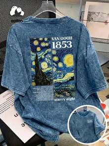 Nueva camiseta de moda para chicas de primavera y verano, diseño artístico de cielo estrellado de Van Gogh, estampado de letras, camiseta vintage lavada de talla grande para mujer, ropa casual holgada, tops de verano/otoño, ropa exterior de talla grande para otoño/invierno. - Púrpura malva - Ver 10