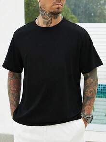 Manfinity Homme Men's Plus Size Solid Color Crew Neck T-Shirt - Hitam - View 1