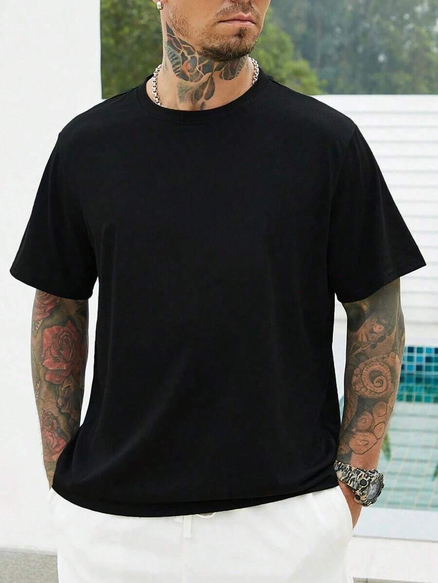 Manfinity Homme Men's Plus Size Solid Color Crew Neck T-Shirt - Hitam - View 1