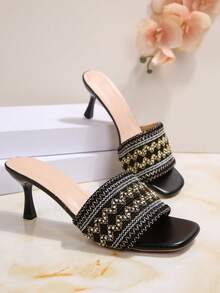 Square Toe Vintage Embroidered Fashionable Versatile High Heel Sandals, Suitable For Commuting, Dating, Business Wear In Summer - Black - View 3