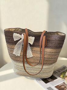 Gradient Striped Straw Tote Bag, Bow Tie Shoulder Bag, Large Capacity Woven Casual Bag, Retro PU Leather Strap, Fits , Casual Beach Vacation Bag, French Slouchy, Large Zipper Tote Bag, Commute & Travel Dual-Use Bag, Essential For Summer Beach Vacation - Coffee Brown - View 4
