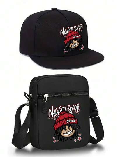 1pc/2pcs "Never Stop" Portrait Design Print Baseball Cap And Crossbody Bag Set, Streetwear Style Fashion Outdoor Sports Flat Brim Cap And Shoulder Bag, Adjustable, Gift For Friends And Anniversary