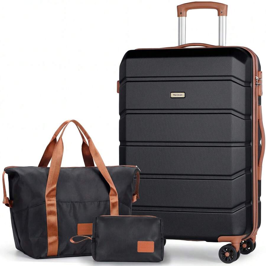 24 Inch Luggage Set With Duffel Bag & Cosmetic Bag, ABS Hard Shell Suitcase With 360° Spinner Wheels & TSA Lock - Black - View 1